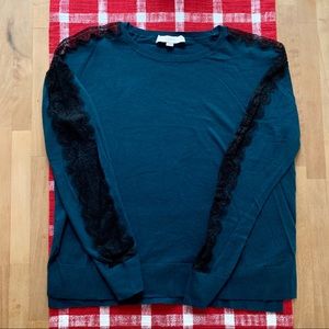 LOFT teal crew neck sweater with lace insets